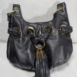 Michael Kors Black Leather Hobo Tassels Gold Accents Shoulder Handbag Purse